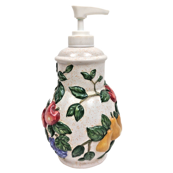 D31 Fruit Hand Soap / Lotion Dispenser Pump Earthenware 7" High Raised Fruit - Picture 7 of 8